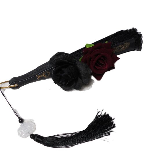 Hand fan black lace with roses and tussle NEW - Picture 7 of 7
